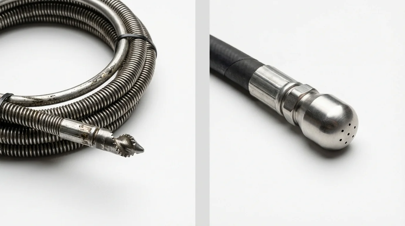 Drain snake cable and hydro jetting nozzle used for drain cleaning in Salina, KS