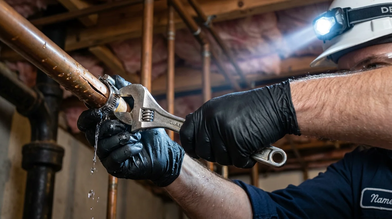 Emergency pipe clamp repair being performed by a Johns Plumbing LLC plumber in Salina