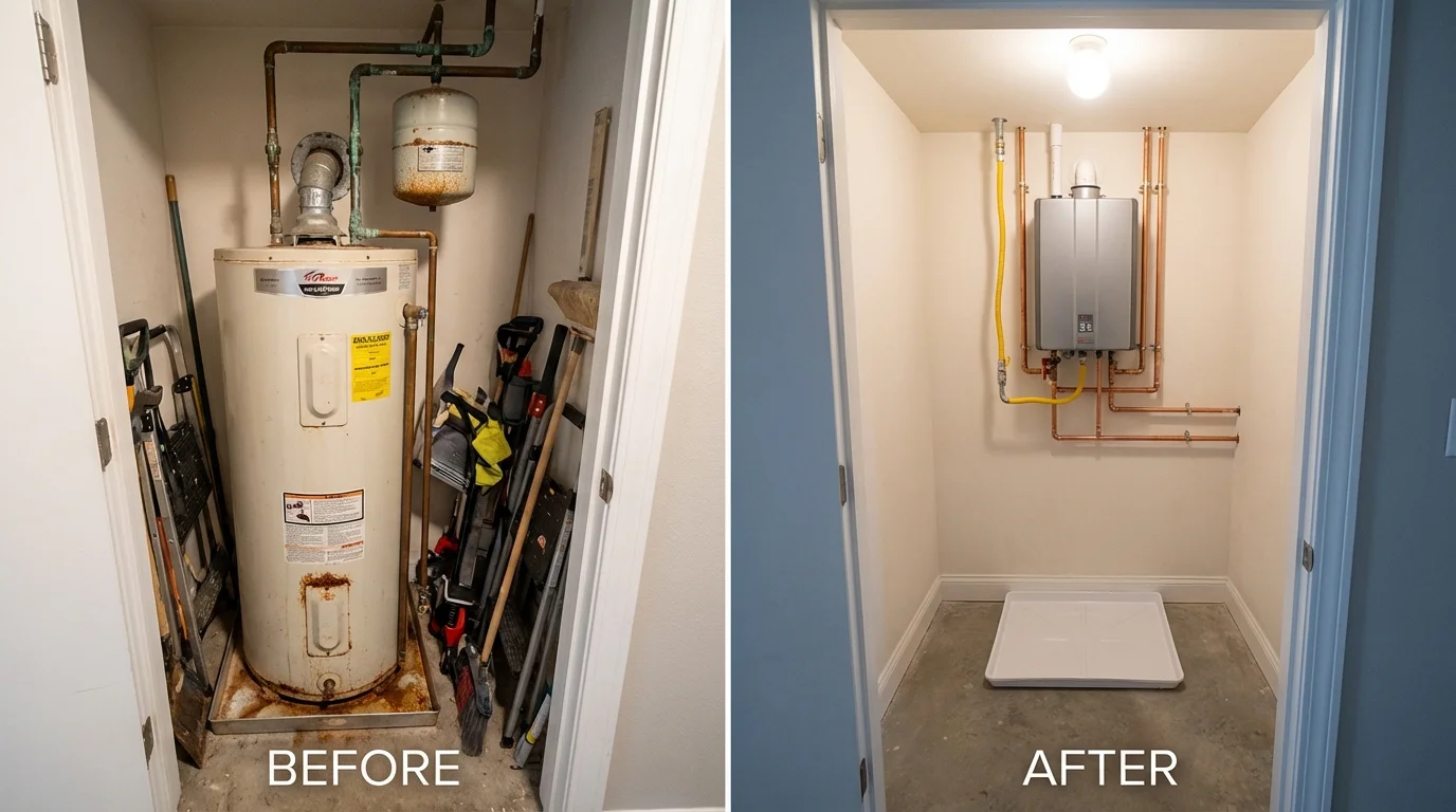 Tank water heater versus wall-mounted tankless unit comparison for Salina, KS homeowners