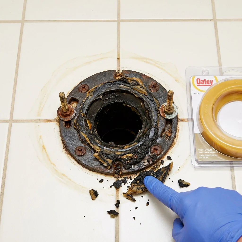 Failed wax ring showing water seepage at the base of a toilet in a Salina, KS home